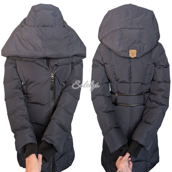 Mackage Kay Down Water Resistant Long Hooded Signature Collar Coat Navy Blue XS - Picture 8 of 14